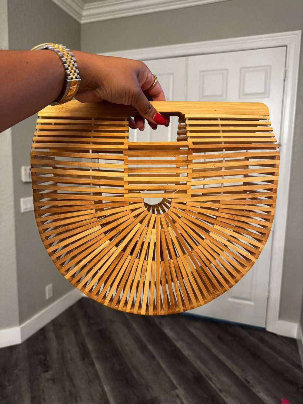 Handcrafted Bamboo Half-Moon Tote Bag in Natural Tan